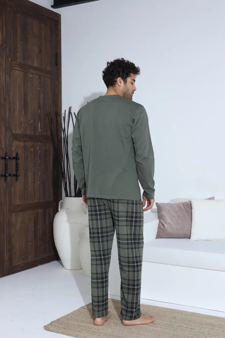 Pijamale bărbați kaki – bluză cu nasturi și detaliu metalic, pantaloni lungi în carouri, 100% bumbac - 8