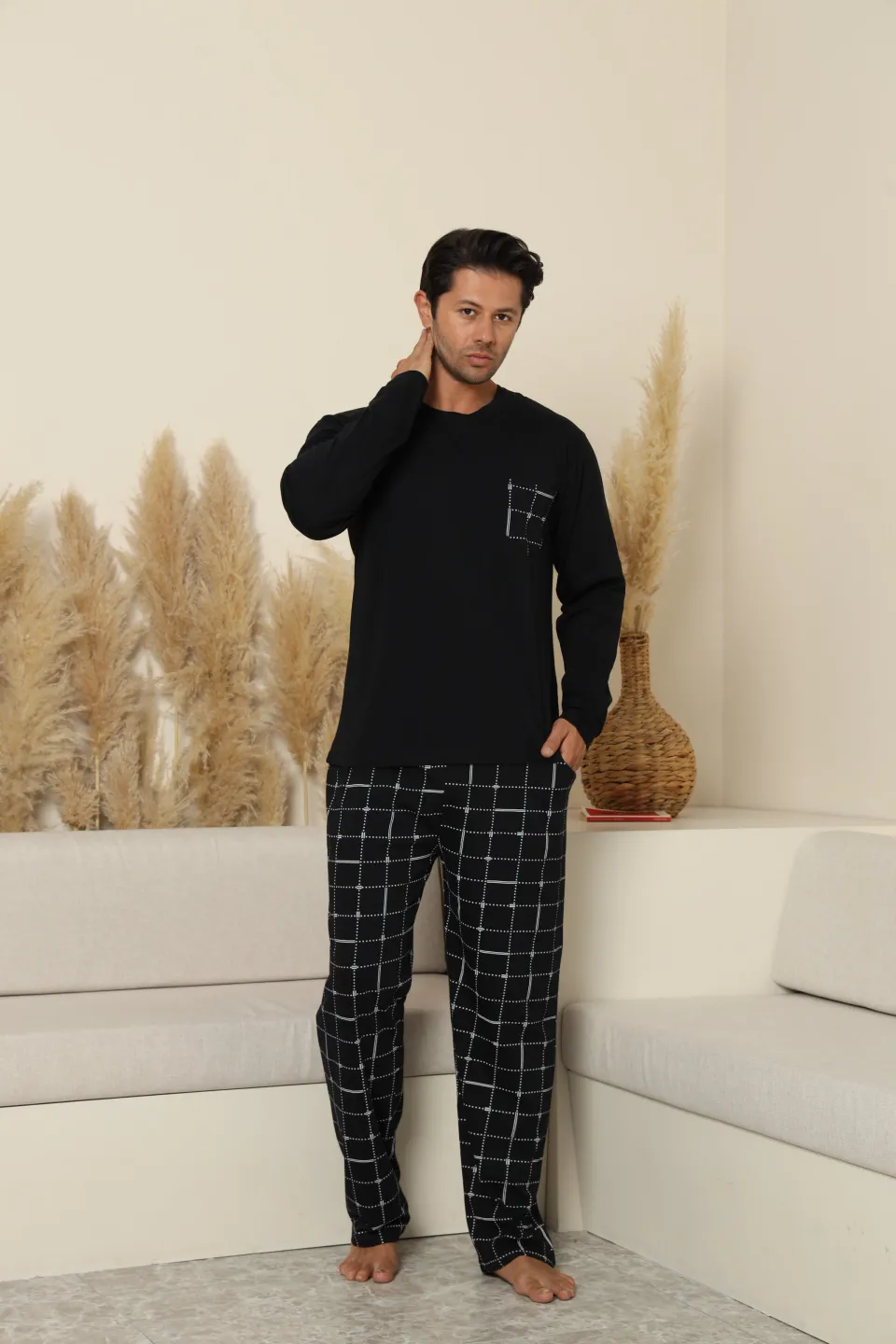 Pijamale bărbați negru cu pantaloni lungi în carouri – 100% bumbac - 2