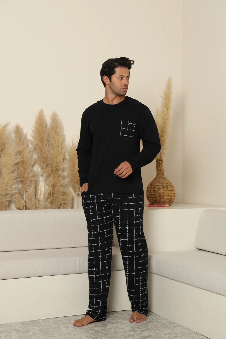 Pijamale bărbați negru cu pantaloni lungi în carouri – 100% bumbac - 3
