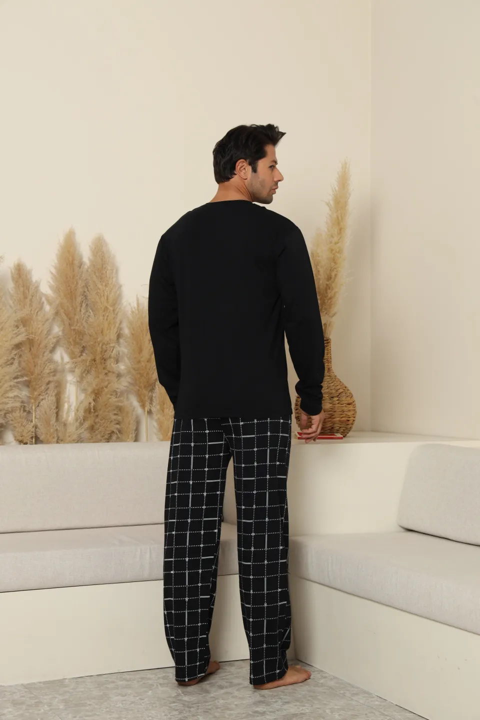 Pijamale bărbați negru cu pantaloni lungi în carouri – 100% bumbac - 4