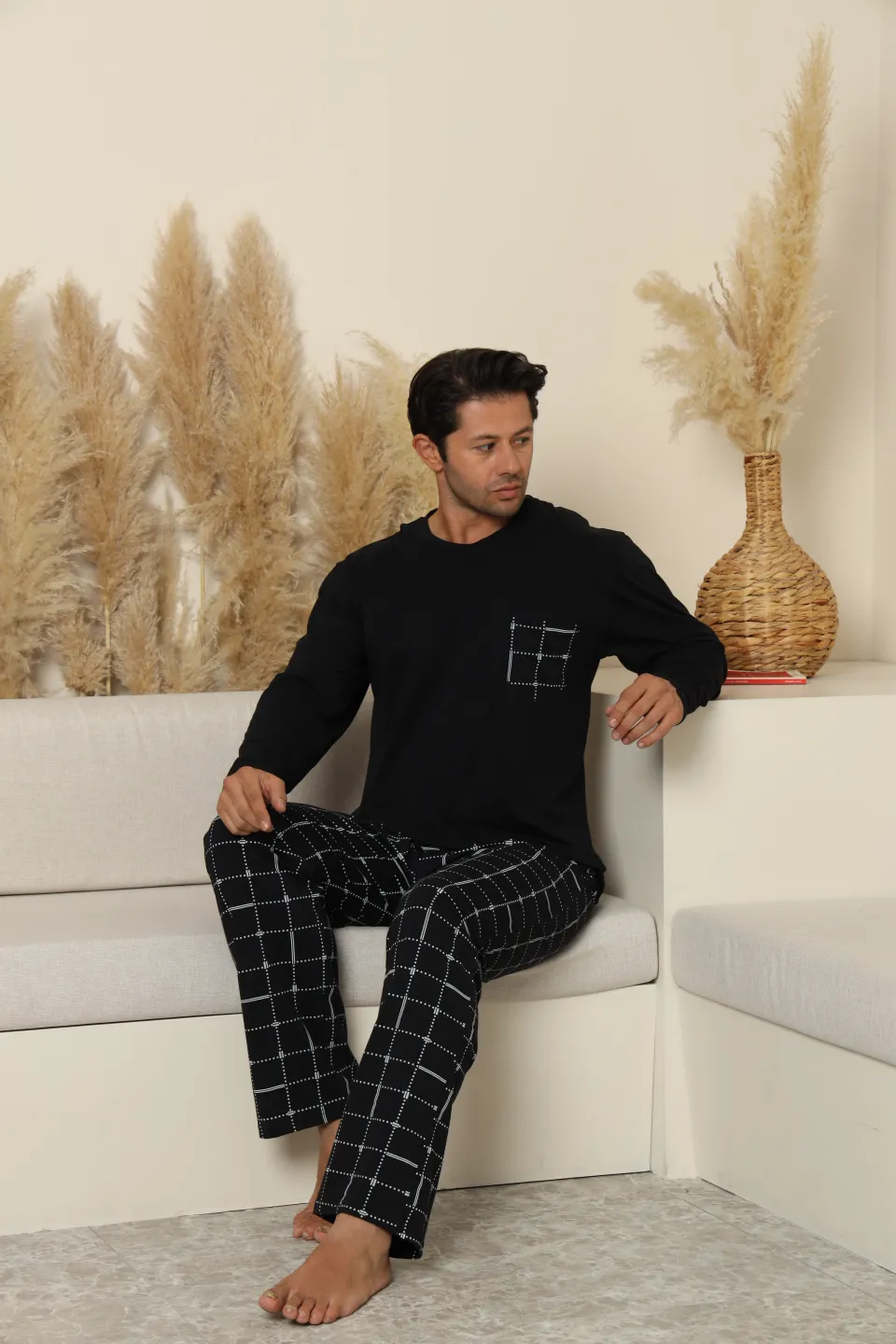 Pijamale bărbați negru cu pantaloni lungi în carouri – 100% bumbac - 5