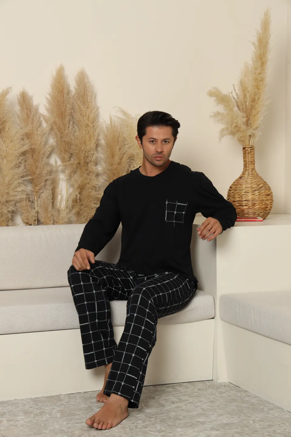 Pijamale bărbați negru cu pantaloni lungi în carouri – 100% bumbac - 6
