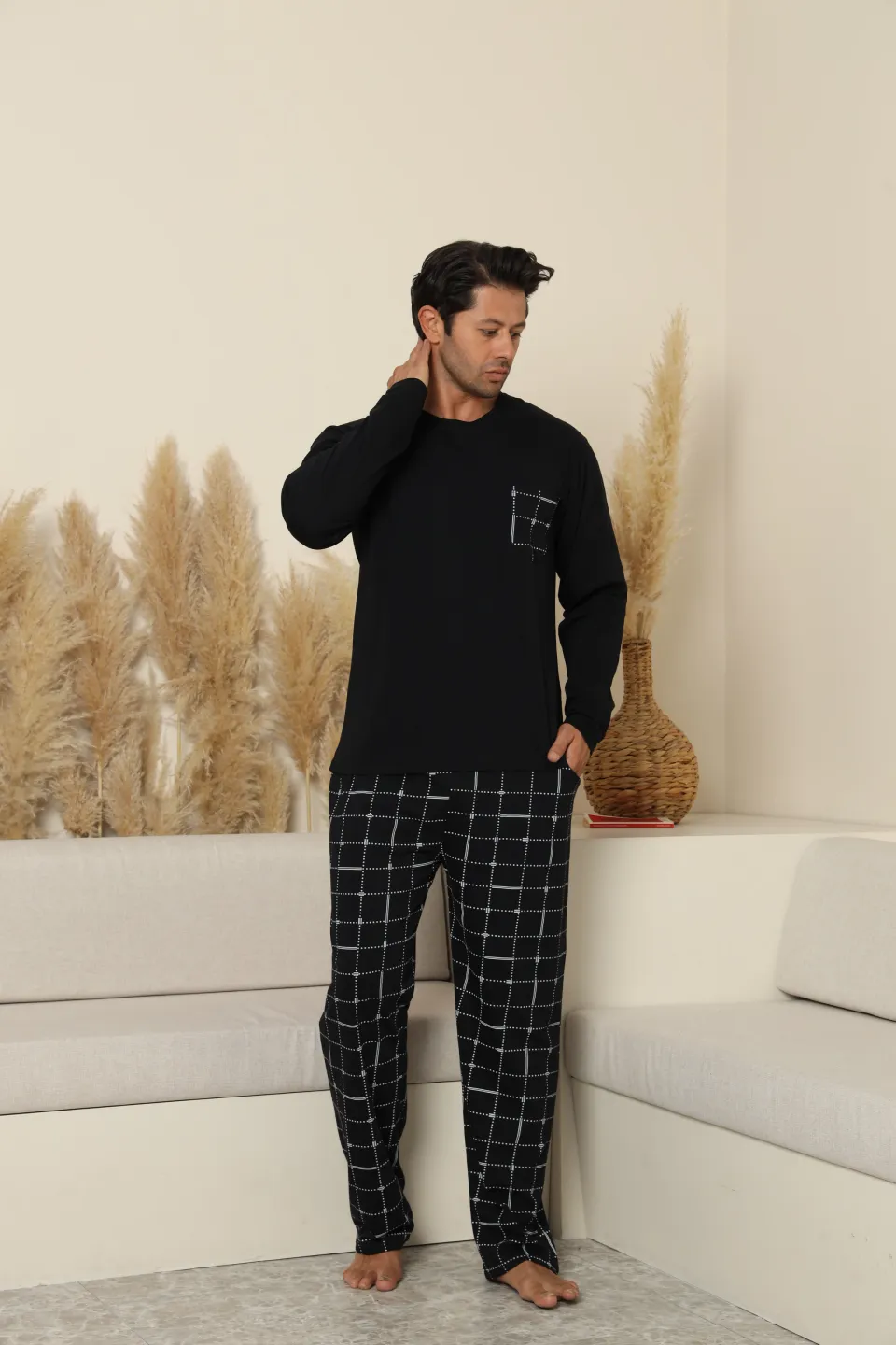 Pijamale bărbați negru cu pantaloni lungi în carouri – 100% bumbac - 1