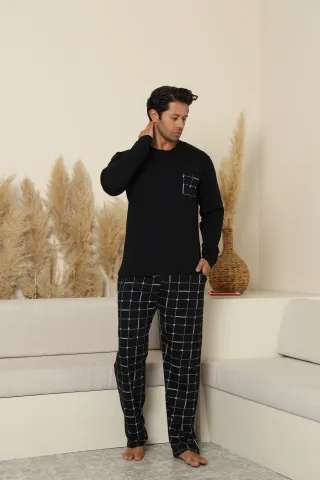 Pijamale bărbați negru cu pantaloni lungi în carouri – 100% bumbac