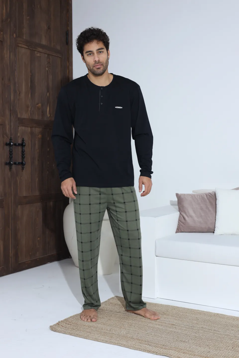 Pijamale bărbați verde inchis – bluză cu nasturi și detaliu metalic, pantaloni lungi în carouri, 100% bumbac - 5