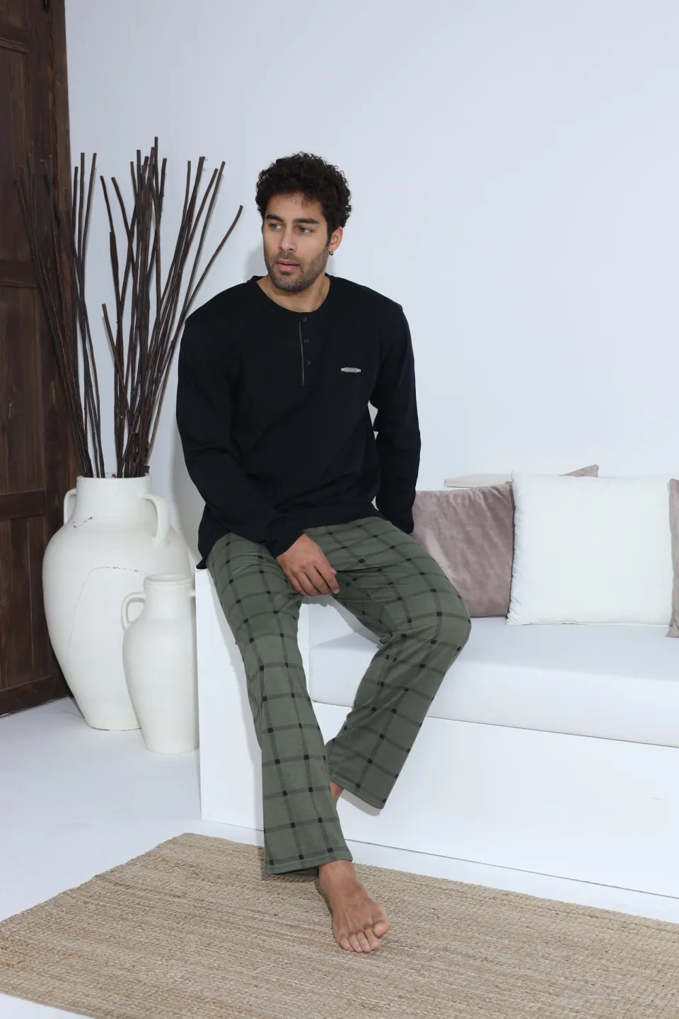 Pijamale bărbați verde inchis – bluză cu nasturi și detaliu metalic, pantaloni lungi în carouri, 100% bumbac - 7