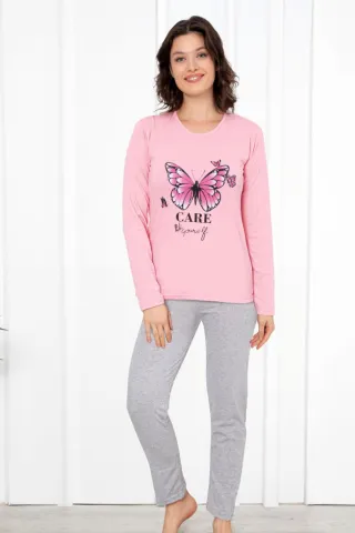 Pijamale Damă din Bumbac, Mâneca Lungă &amp; Pantaloni Lungi, Roz Pudră