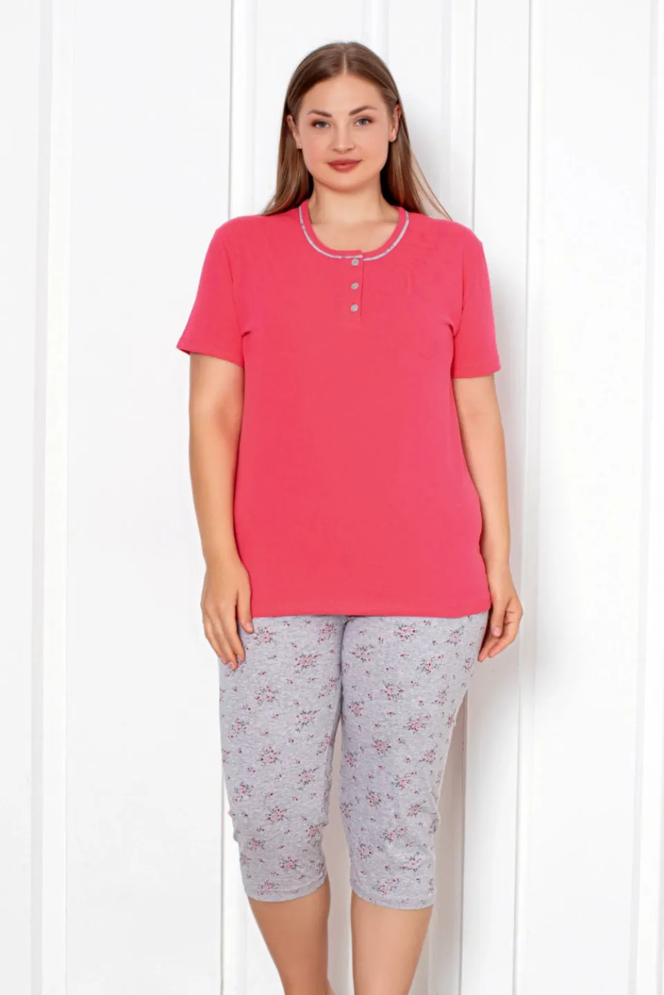 Pijamale Damă Big Size din Bumbac, Mâneca Scurtă &amp; Pantaloni 3/4, Roz - 1