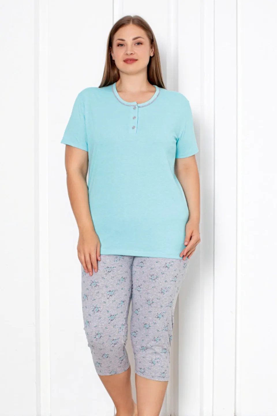 Pijamale Damă Big Size din Bumbac, Mâneca Scurtă &amp; Pantaloni 3/4, Turcoaz - 1