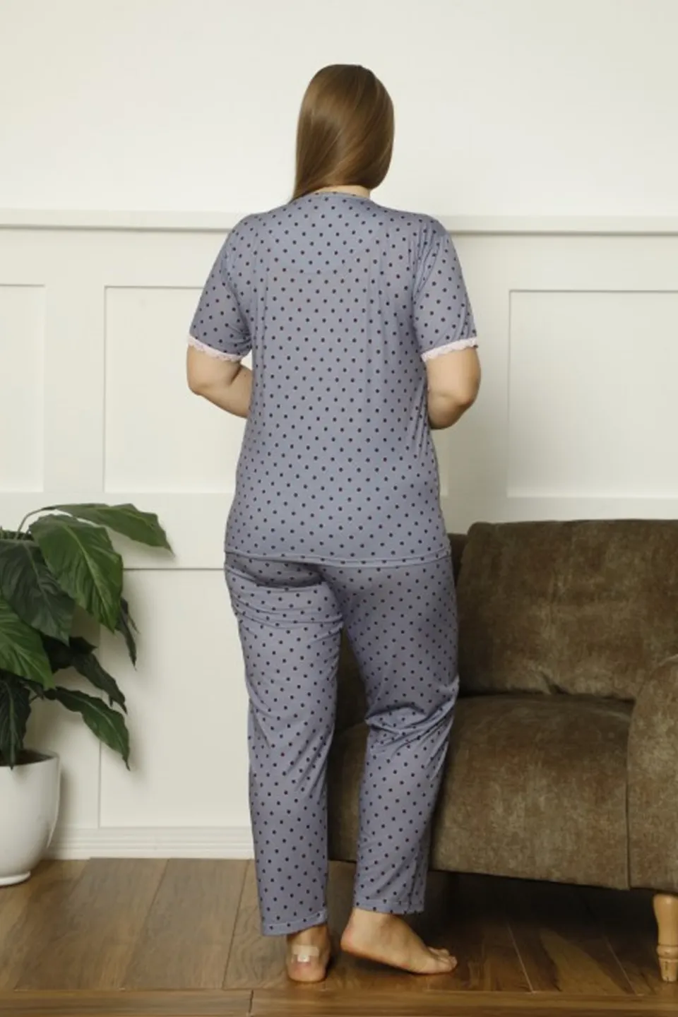 Pijamale damă Big Size, mânecă scurtă, pantaloni lungi, culoare albastru, imprimeu buline - 3