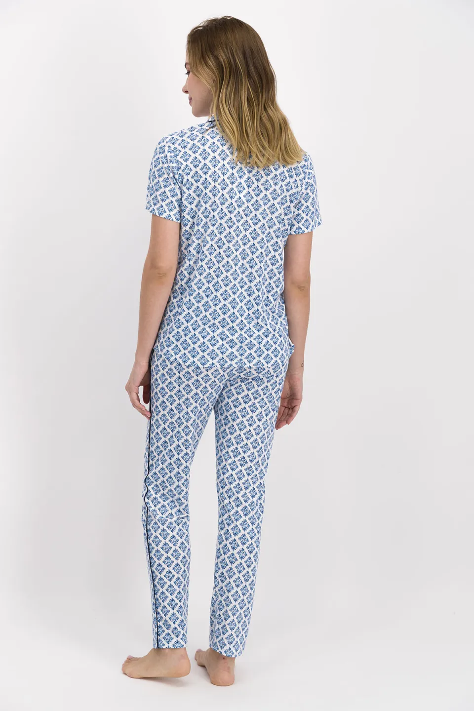 Pijama Dama – Bluza cu Nasturi și Guler Clasic, Pantaloni Lungi cu Vipusca și Buzunare - 2