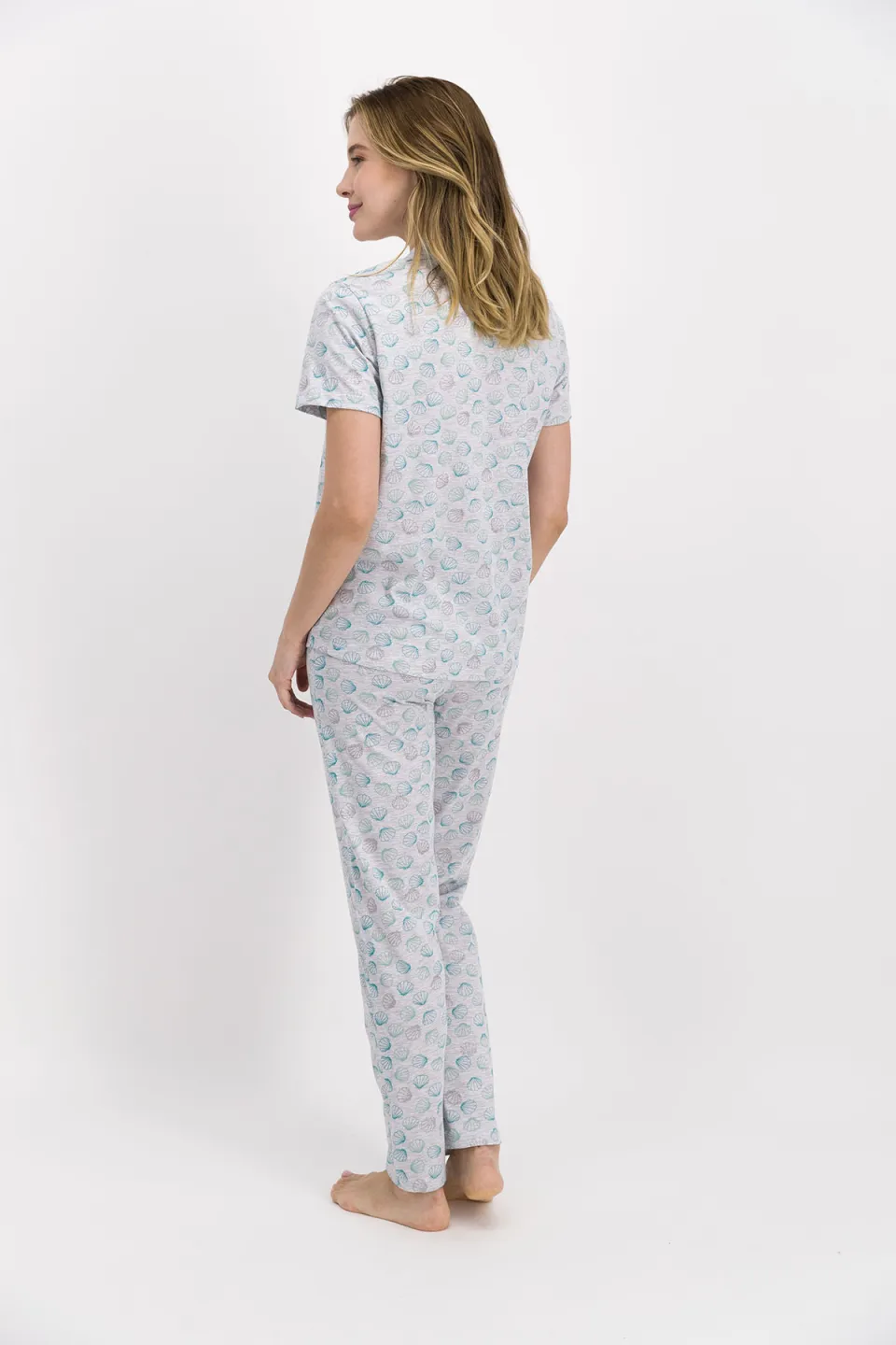 Pijamale dama cu bluza maneca scurta si pantaloni lungi, imprimeu scoici, culoare alb/blue - 3