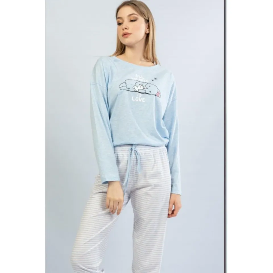 Pijamale damă cu mânecă lungă și pantaloni lungi, imprimeu All We Need Is Love, blue