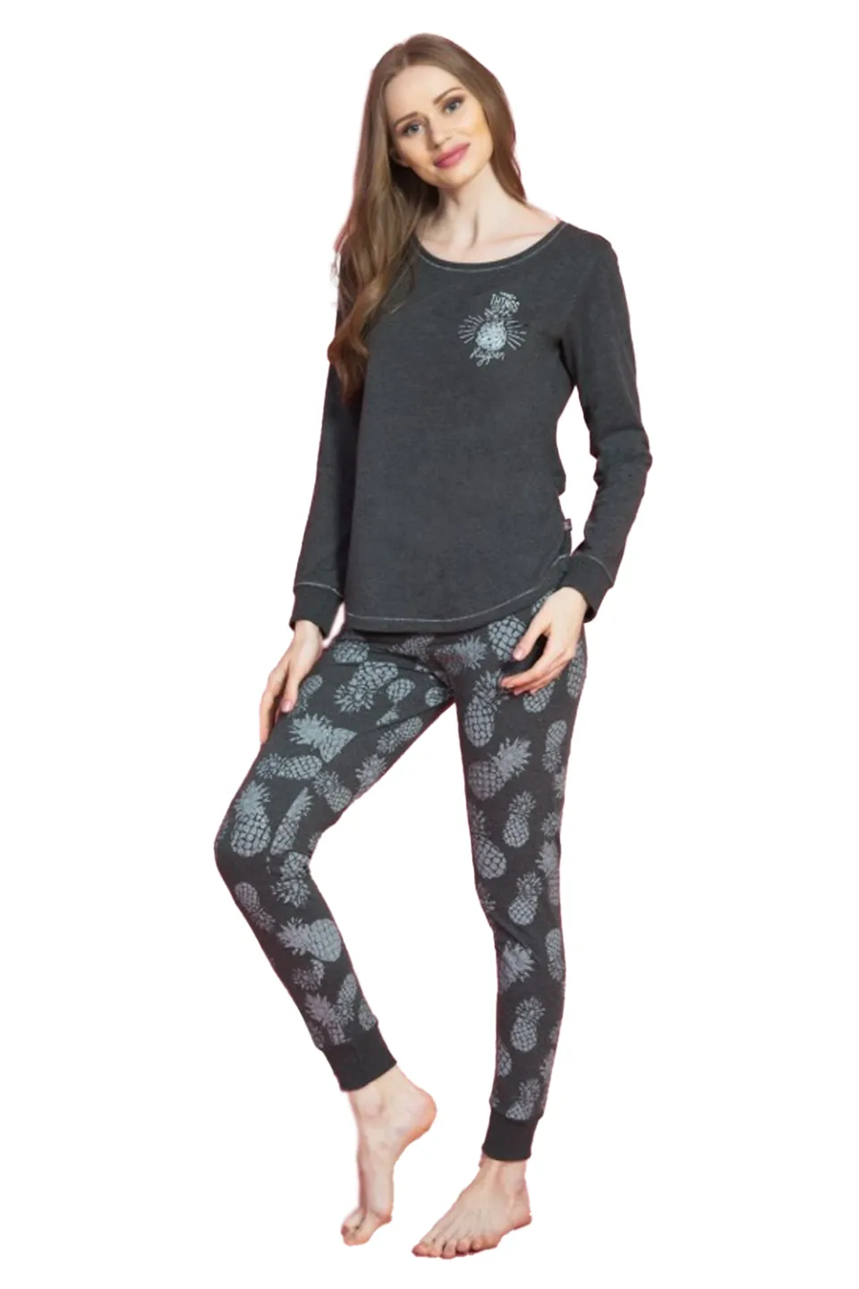 Pijamale damă cu mânecă lungă și pantaloni lungi, imprimeu Ananas - 1