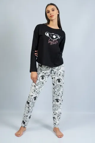 Pijamale damă cu mânecă lungă și pantaloni lungi, imprimeu Bestie