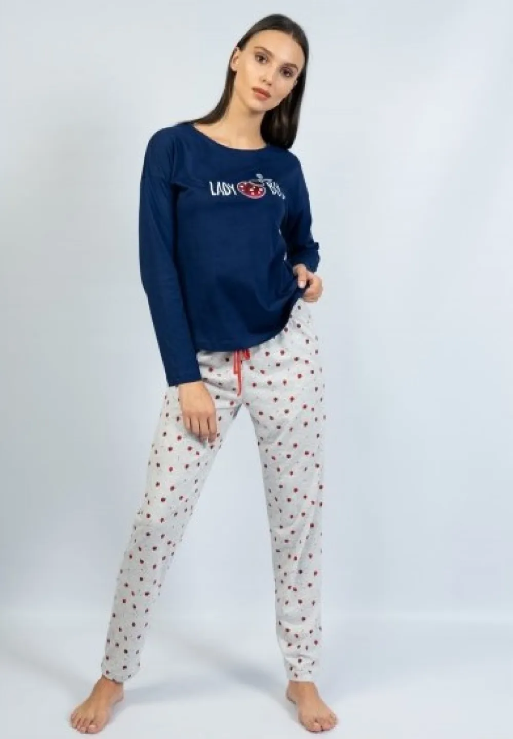 Pijamale damă cu mânecă lungă și pantaloni lungi, imprimeu buburuză - 1