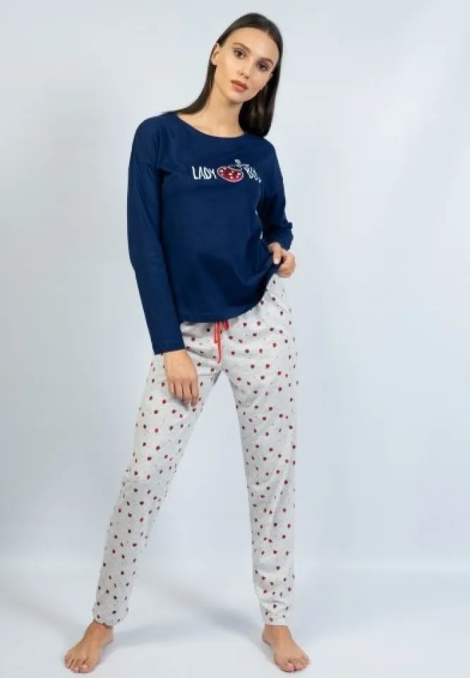 Pijamale damă cu mânecă lungă și pantaloni lungi, imprimeu buburuză