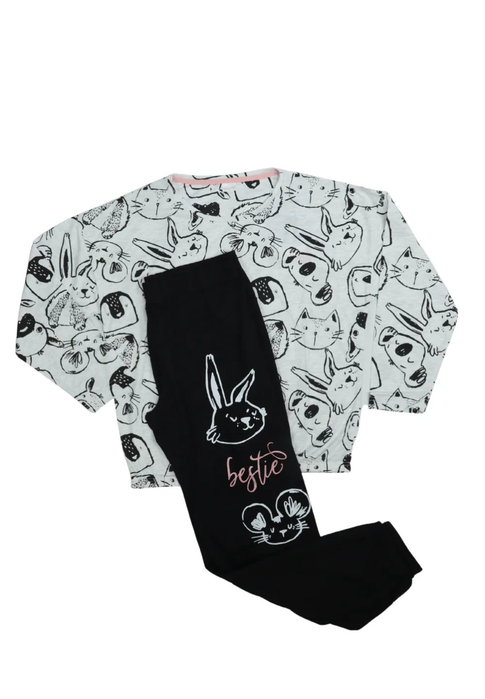 Pijamale damă cu mânecă lungă și pantaloni lungi, imprimeu Cat Day, alb - 1