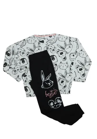 Pijamale damă cu mânecă lungă și pantaloni lungi, imprimeu Cat Day, alb