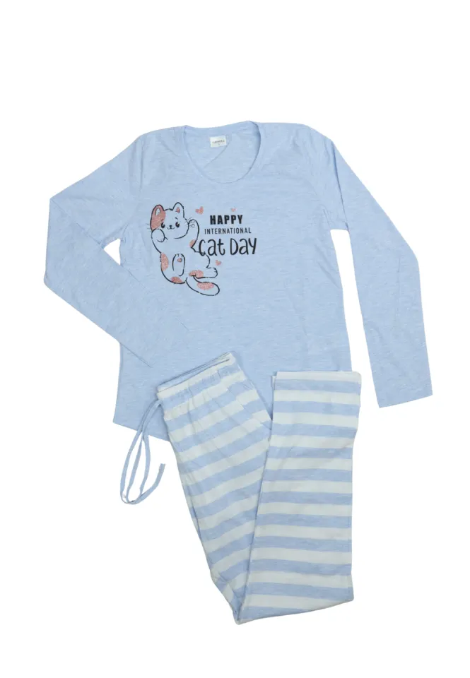 Pijamale damă cu mânecă lungă și pantaloni lungi, imprimeu Cat Day, albastru