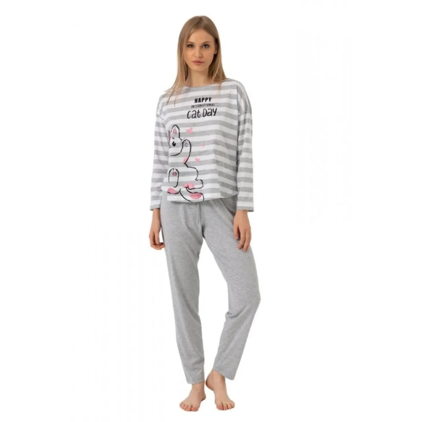 Pijamale damă cu mânecă lungă și pantaloni lungi, imprimeu Cat Day, gri - 1