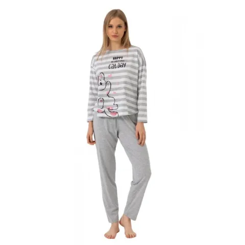 Pijamale damă cu mânecă lungă și pantaloni lungi, imprimeu Cat Day, gri
