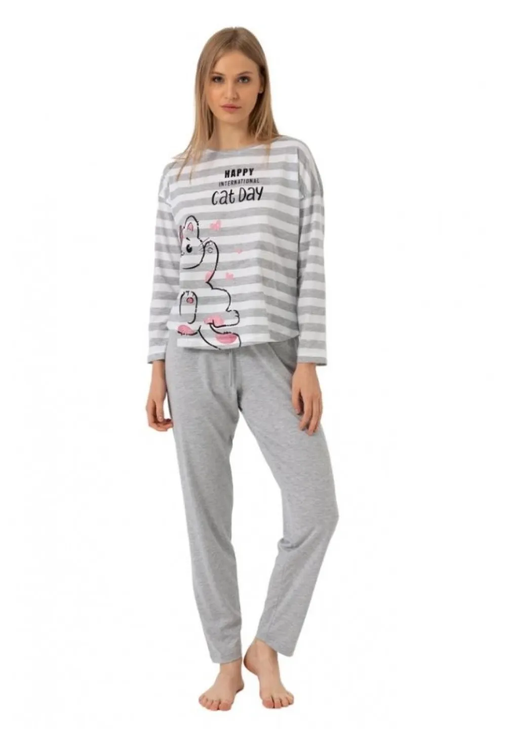 Pijamale damă cu mânecă lungă și pantaloni lungi, imprimeu Cat Day, gri - 1