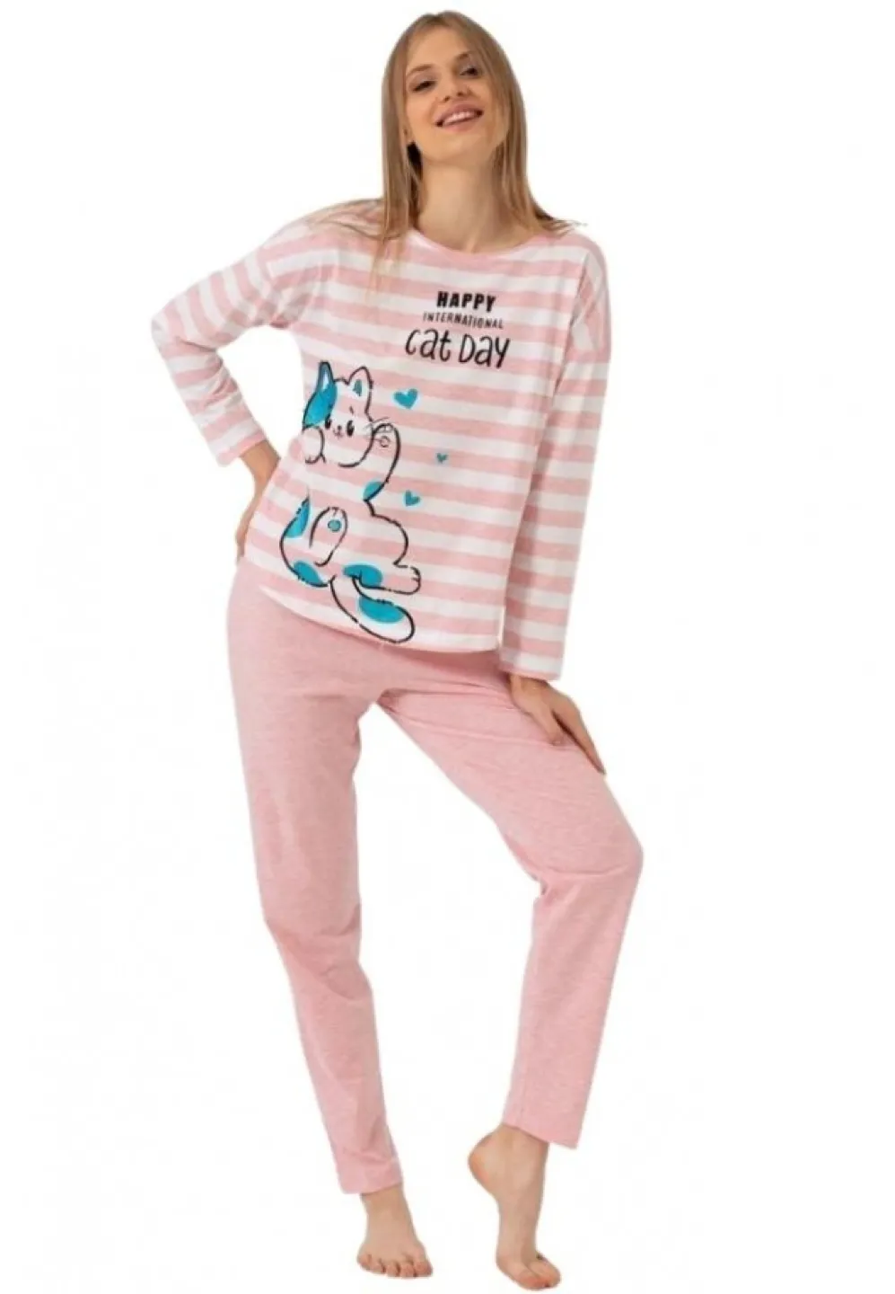 Pijamale damă cu mânecă lungă și pantaloni lungi, imprimeu Cat Day, roz - 1