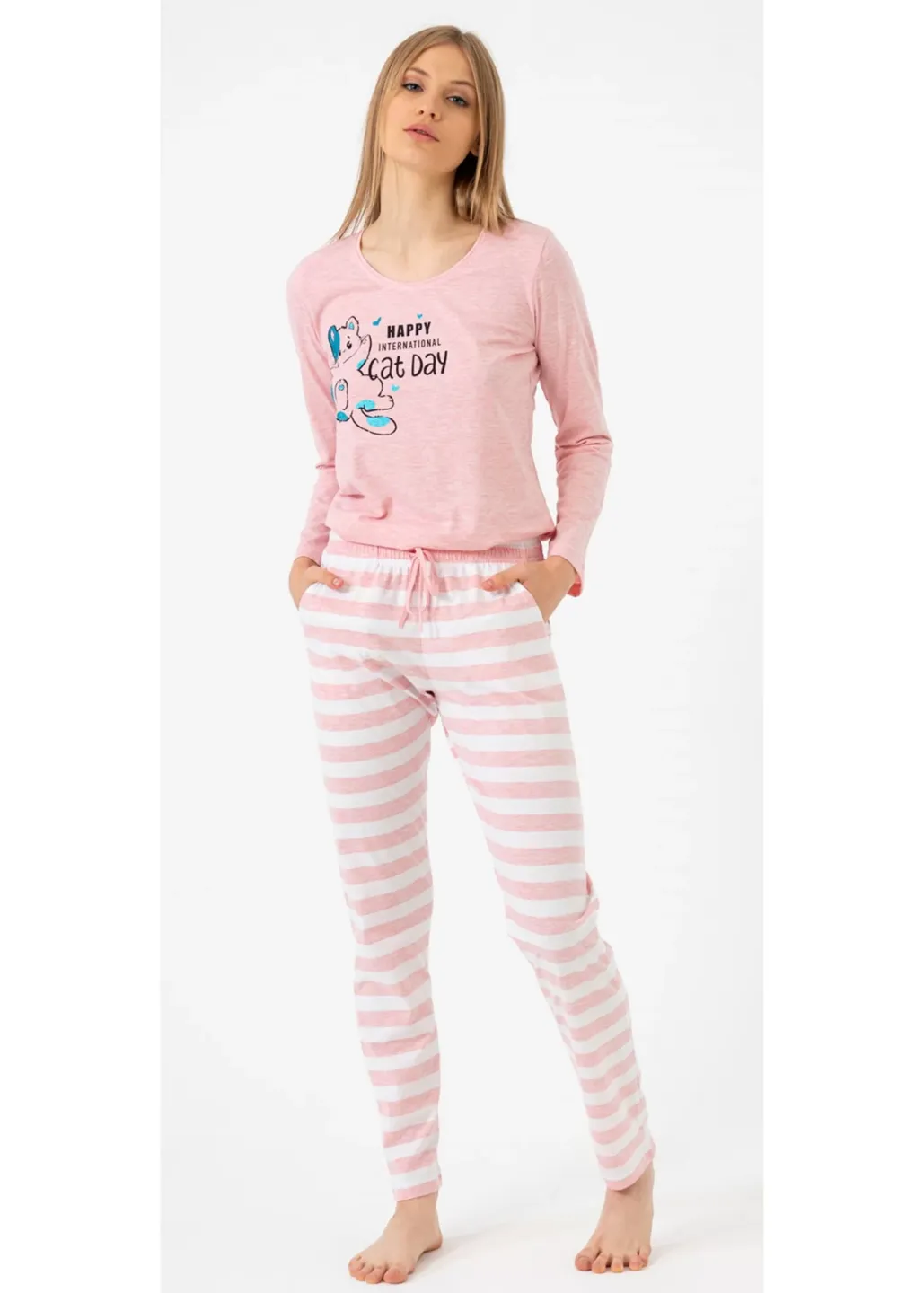 Pijamale damă cu mânecă lungă și pantaloni lungi, imprimeu Cat Day, roz - 1