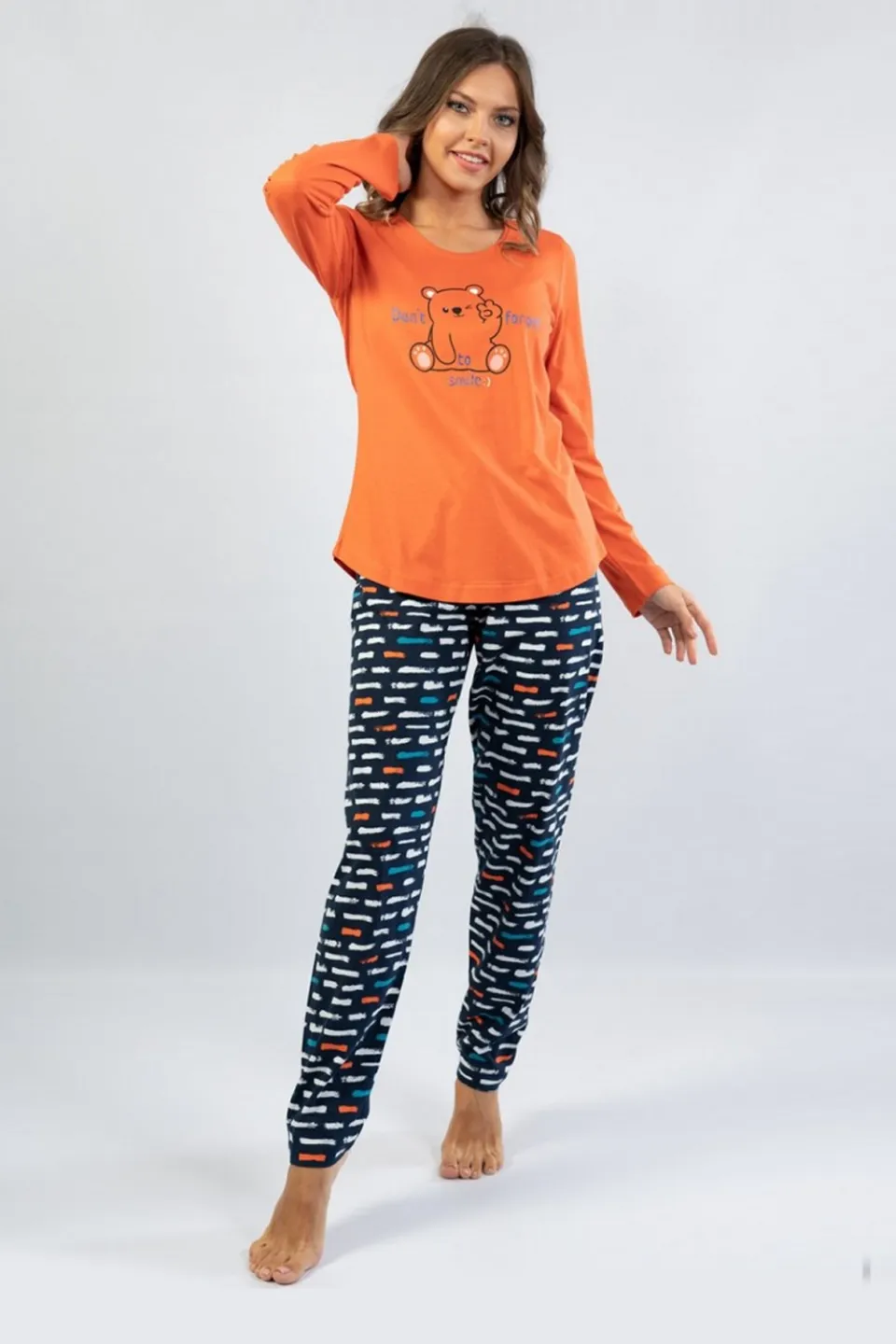 Pijamale damă cu mânecă lungă și pantaloni lungi, imprimeu Don't Forget, portocaliu - 1