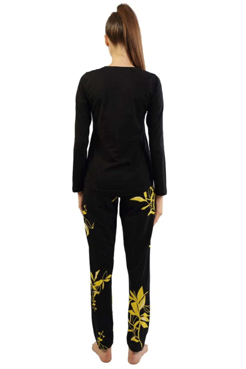 Pijamale damă cu mânecă lungă și pantaloni lungi, imprimeu floral, negru - 3