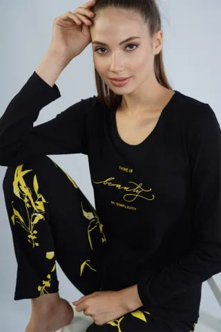 Pijamale damă cu mânecă lungă și pantaloni lungi, imprimeu floral, negru