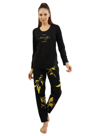 Pijamale damă cu mânecă lungă și pantaloni lungi, imprimeu floral, negru hover