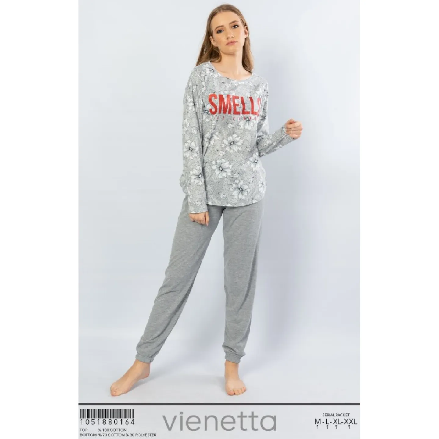 Pijamale damă cu mânecă lungă și pantaloni lungi, imprimeu floral Smells - 1