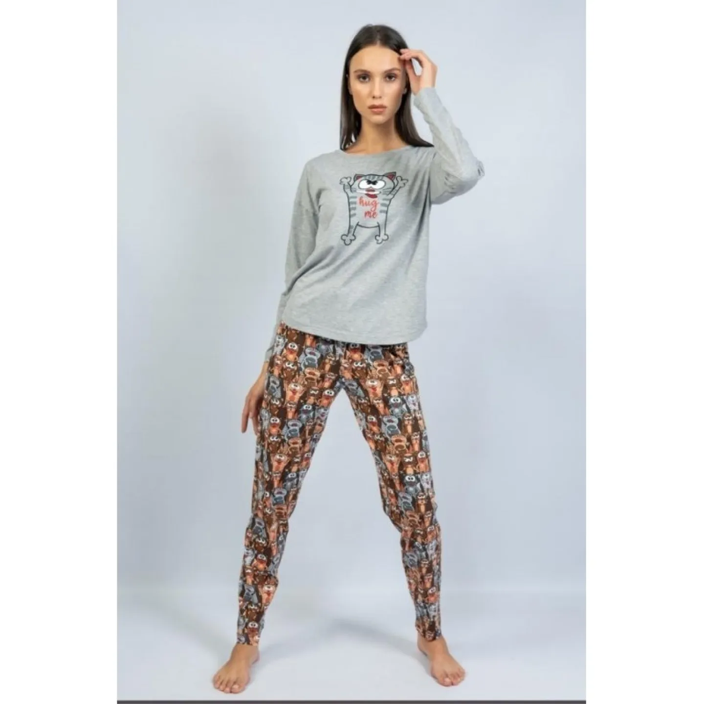 Pijamale damă cu mânecă lungă și pantaloni lungi, imprimeu Hug Me - 1