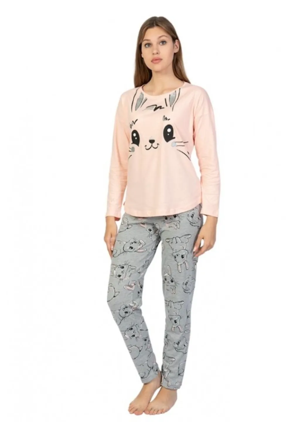 Pijamale damă cu mânecă lungă și pantaloni lungi, imprimeu iepuras, roz - 1