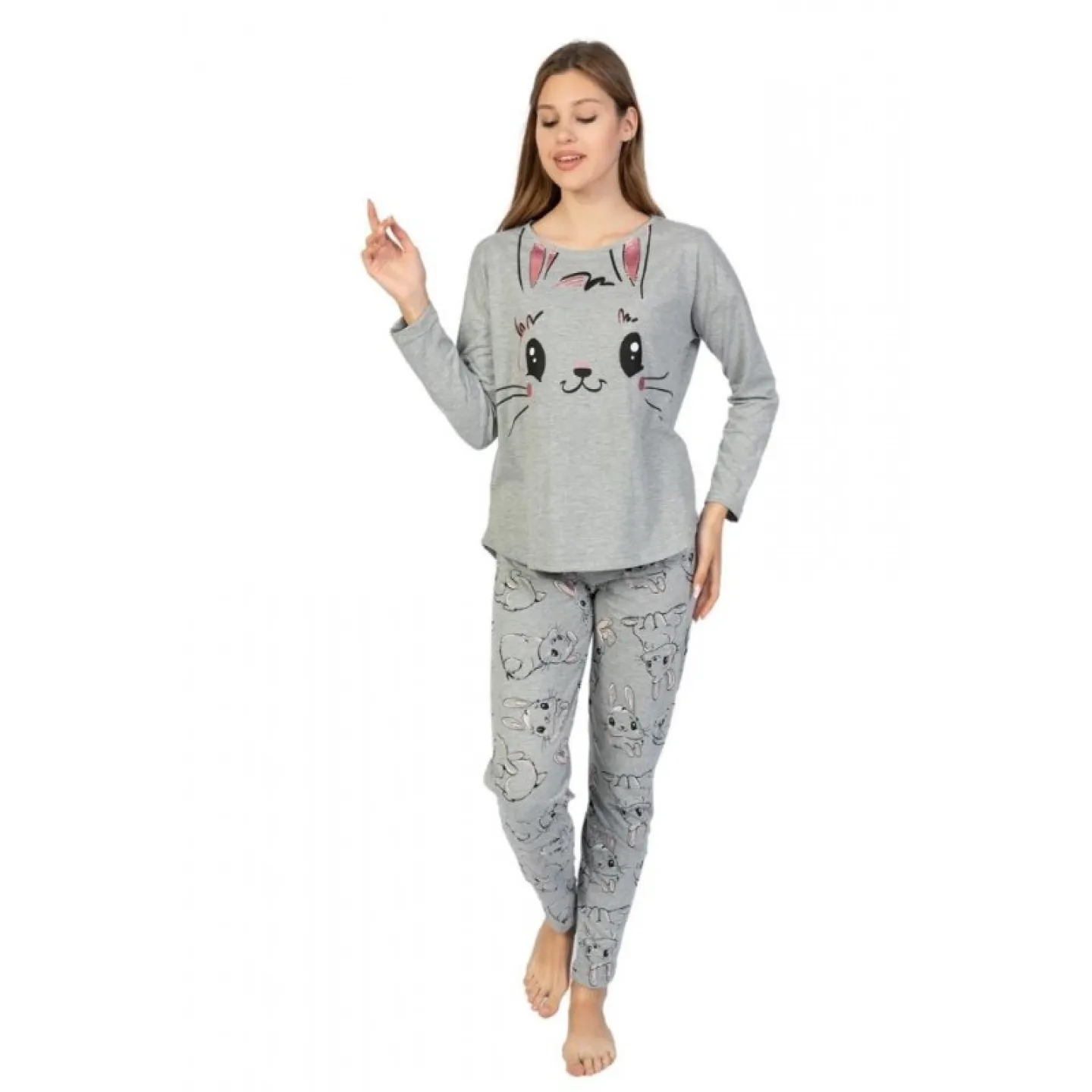 Pijamale damă cu mânecă lungă și pantaloni lungi, imprimeu iepuras, gri - 1