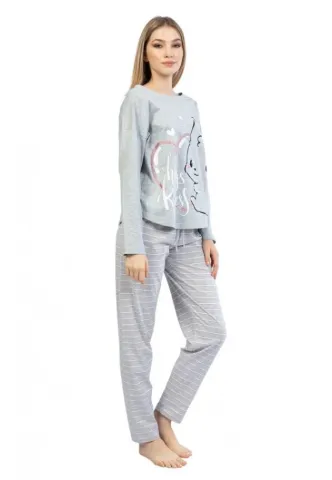 Pijamale damă cu mânecă lungă și pantaloni lungi, imprimeu iepure, gri