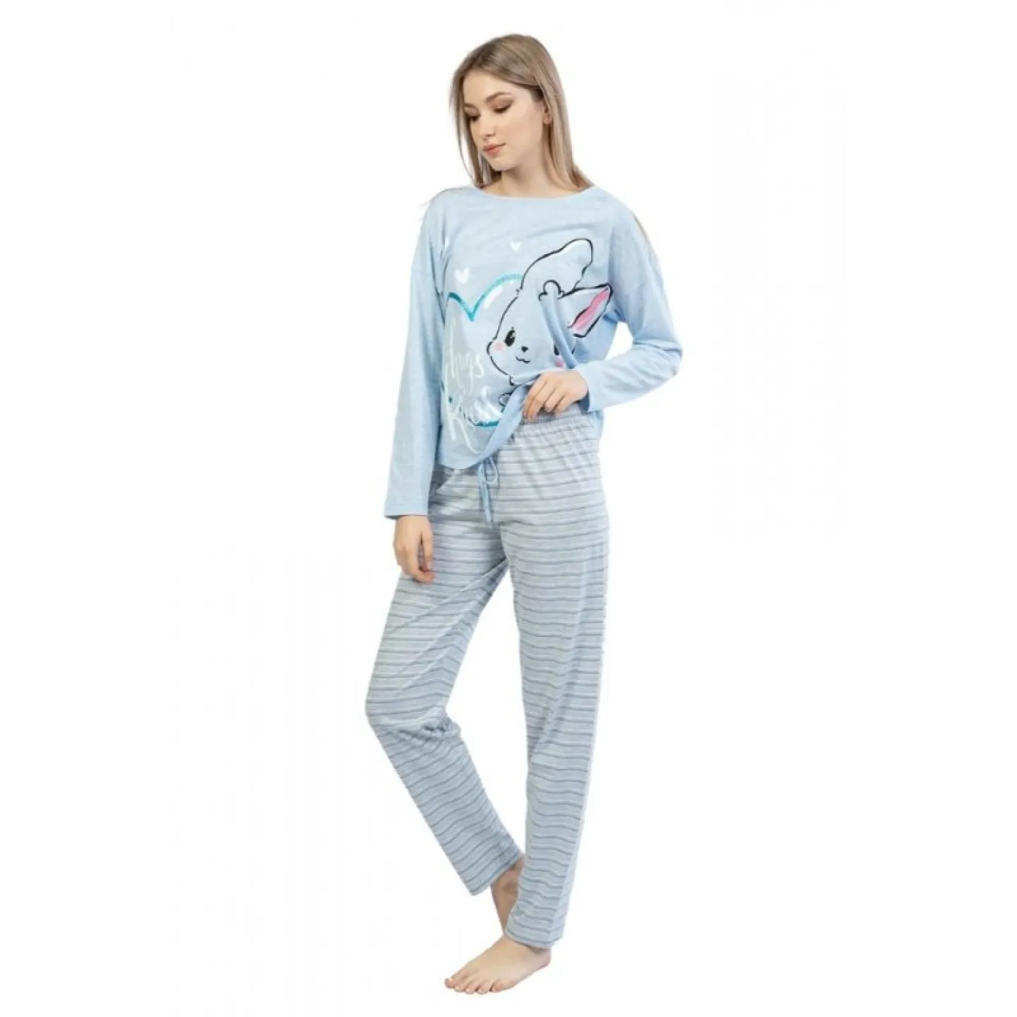 Pijamale damă cu mânecă lungă și pantaloni lungi, imprimeu iepure, blue - 1