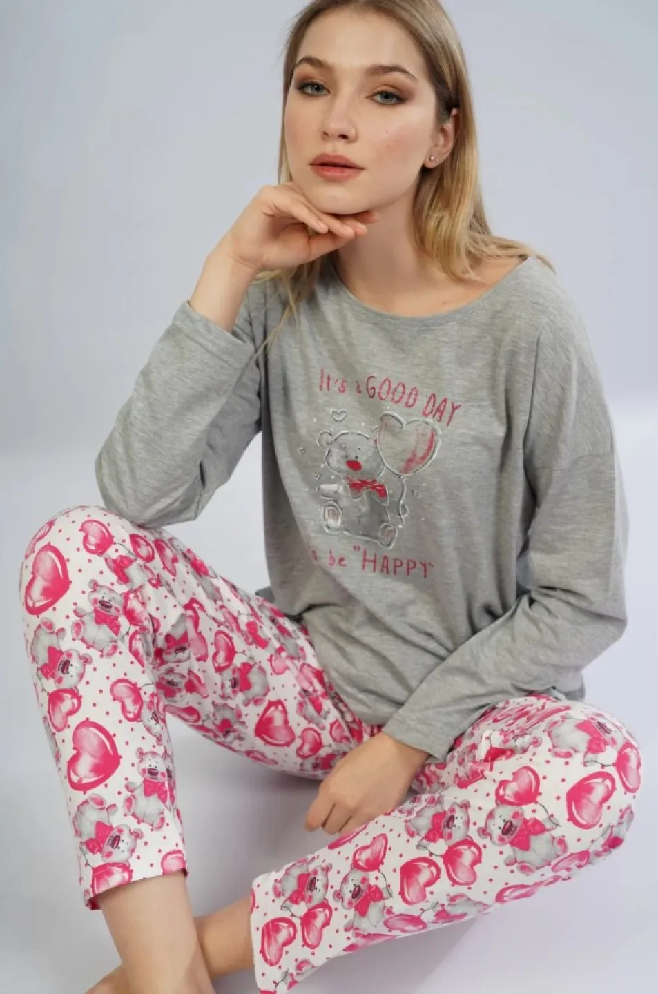 Pijamale damă cu mânecă lungă și pantaloni lungi, imprimeu It's A Good Day, gri - 1