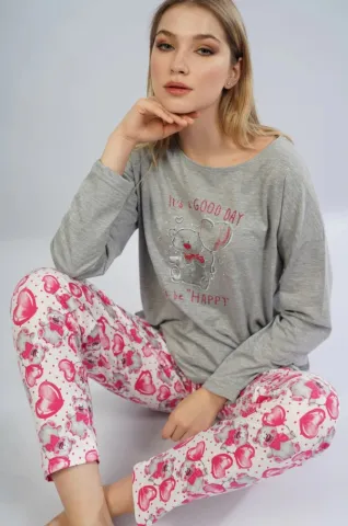 Pijamale damă cu mânecă lungă și pantaloni lungi, imprimeu It's A Good Day, gri