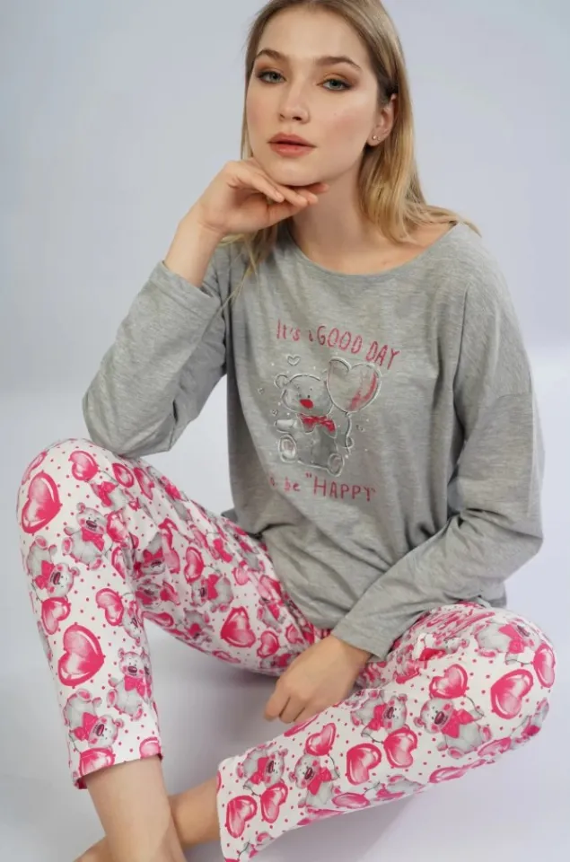 Pijamale damă cu mânecă lungă și pantaloni lungi, imprimeu It's A Good Day, gri