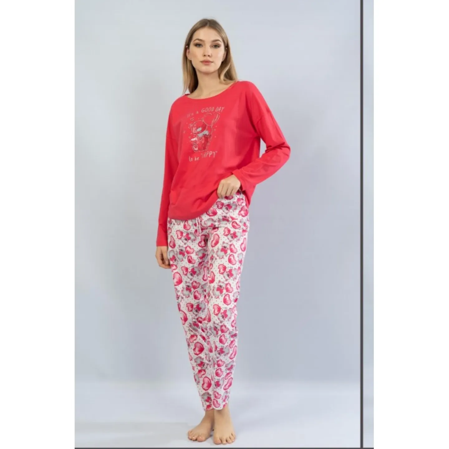 Pijamale damă cu mânecă lungă și pantaloni lungi, imprimeu It's A Good Day, rosu - 1