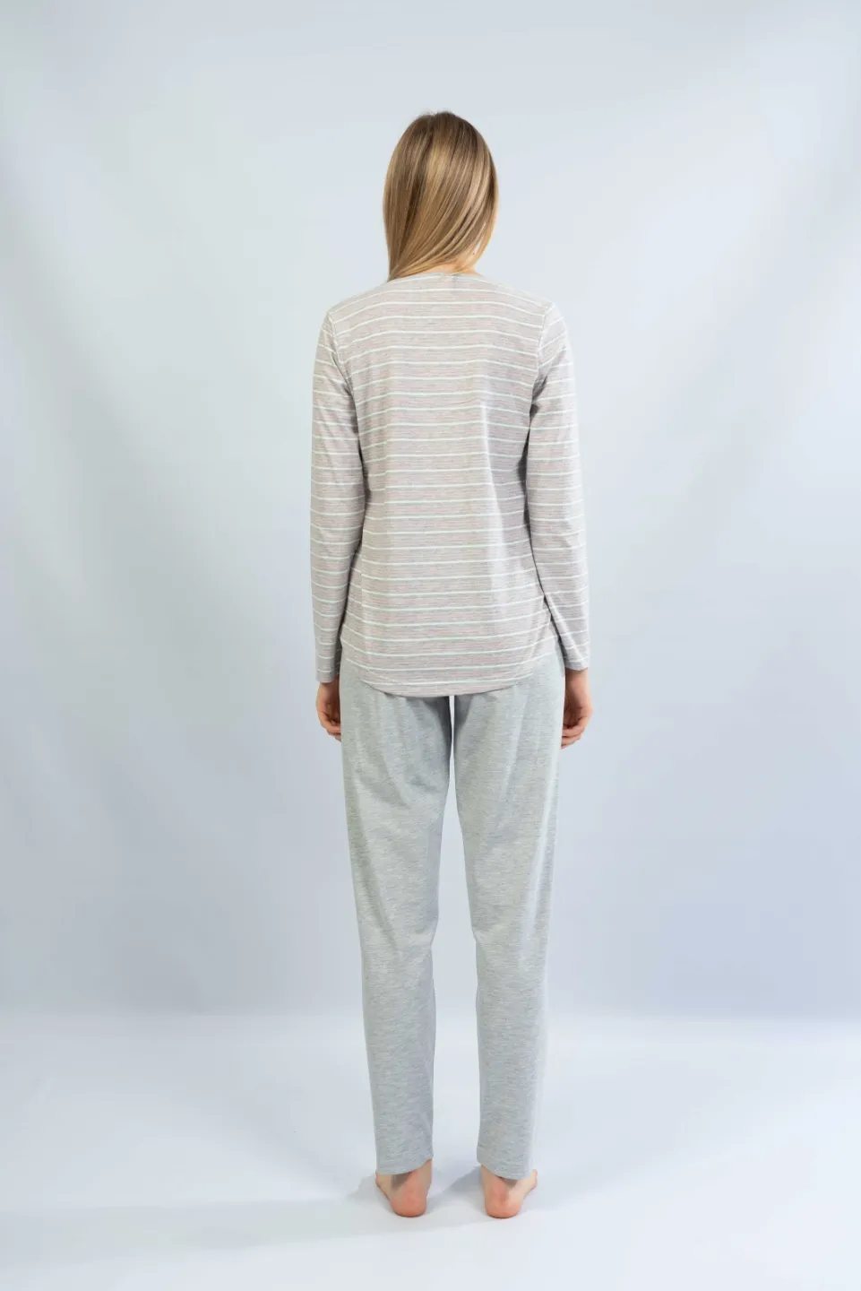 Pijamale damă cu mânecă lungă și pantaloni lungi, imprimeu Little Bunny, gri/roz - 3