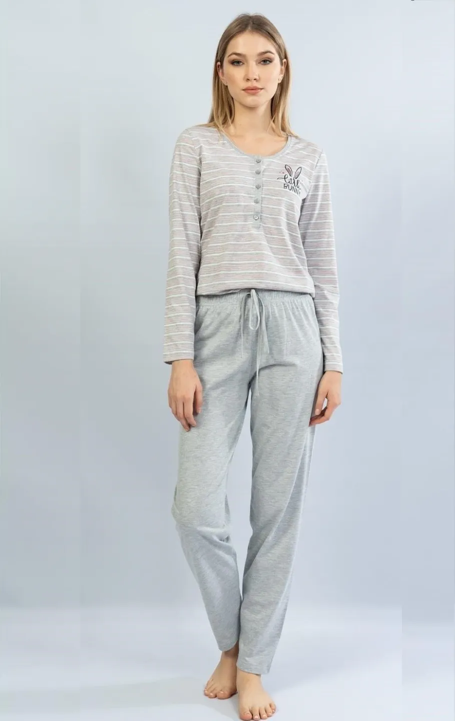 Pijamale damă cu mânecă lungă și pantaloni lungi, imprimeu Little Bunny, gri/roz - 1