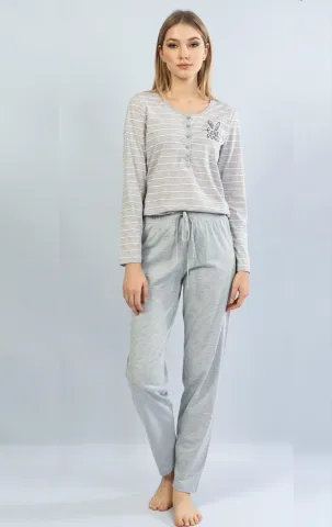 Pijamale damă cu mânecă lungă și pantaloni lungi, imprimeu Little Bunny, gri/roz