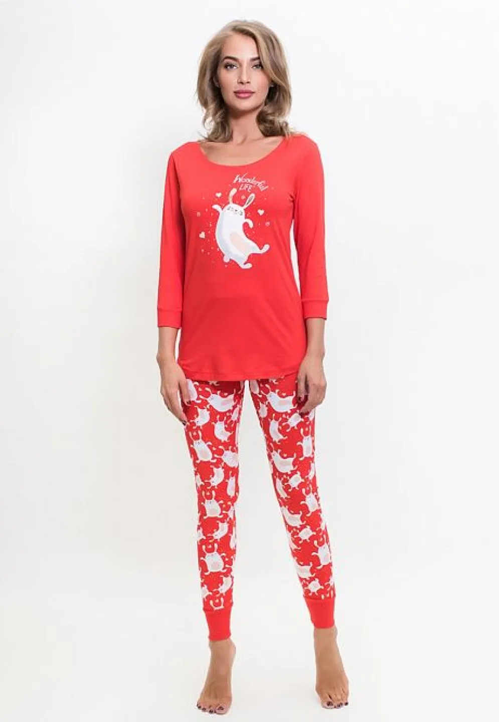 Pijamale damă cu mânecă lungă și pantaloni lungi, imprimeu Wonderful Life, rosu - 1