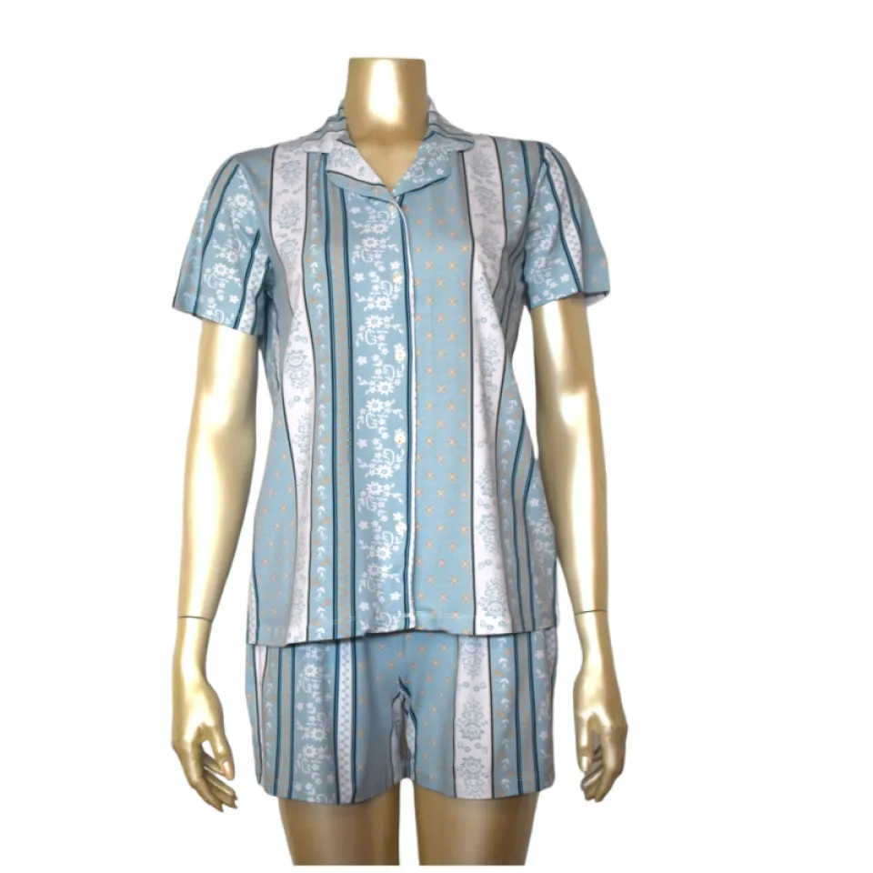 Pijamale damă cu mânecă scurtă si nasturi,  pantaloni scurți, imprimeu floral cu dungi, blue