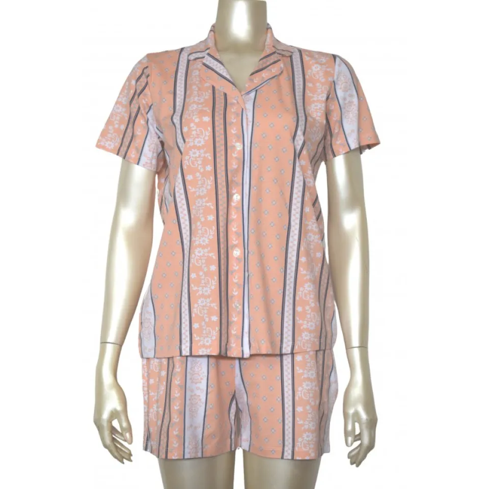 Pijamale damă cu mânecă scurtă si nasturi,  pantaloni scurți, imprimeu floral, portocaliu