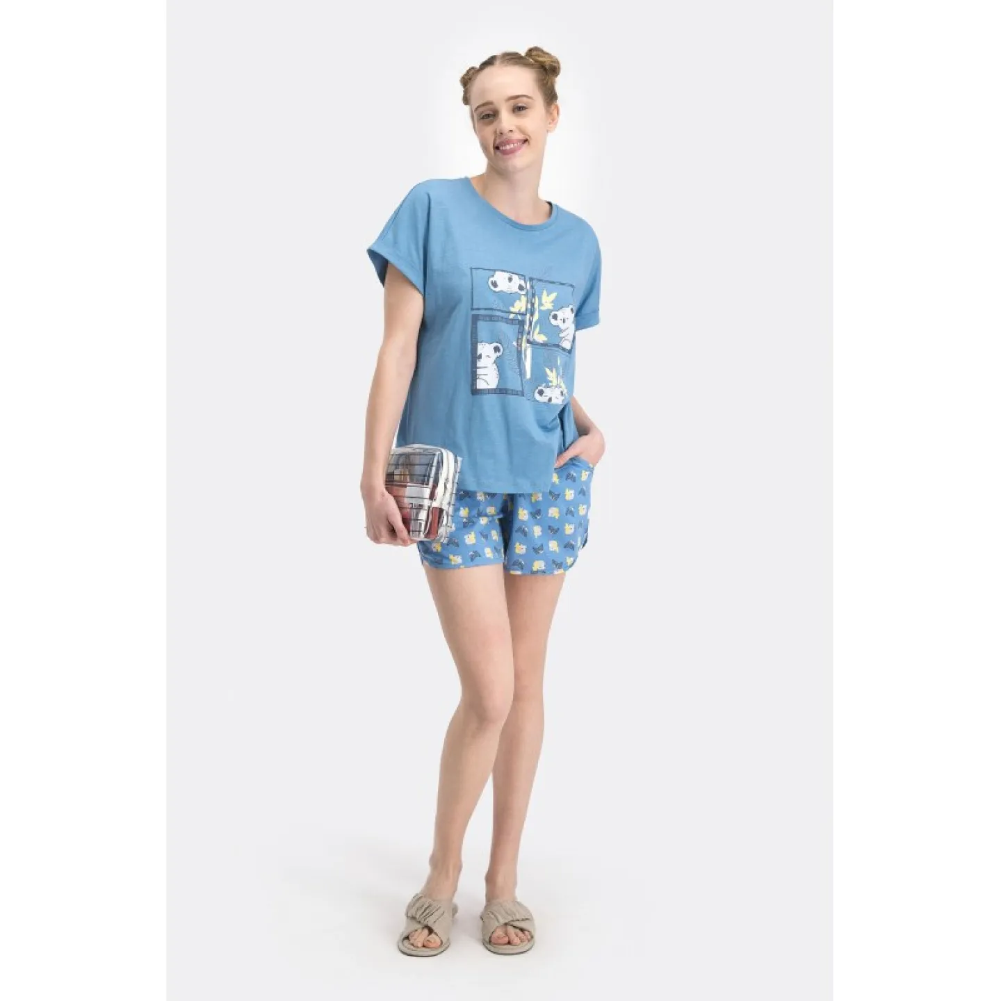 Pijamale damă cu tricou cu mânecă scurtă și pantaloni scurți, imprimeu urs panda, blue - 2